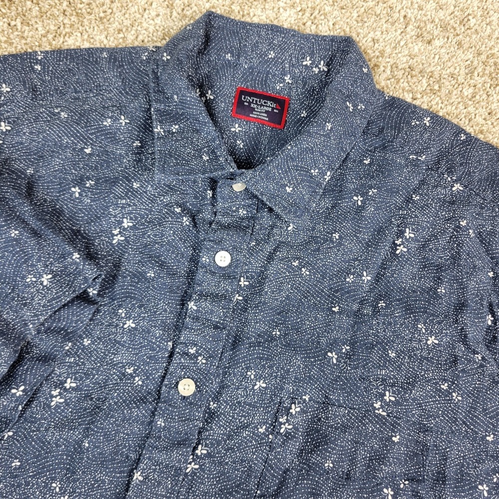 Untuckit Slim Mens 2XL Blue AOP Butterflies Button Up Short Sleeve 100% Linen
